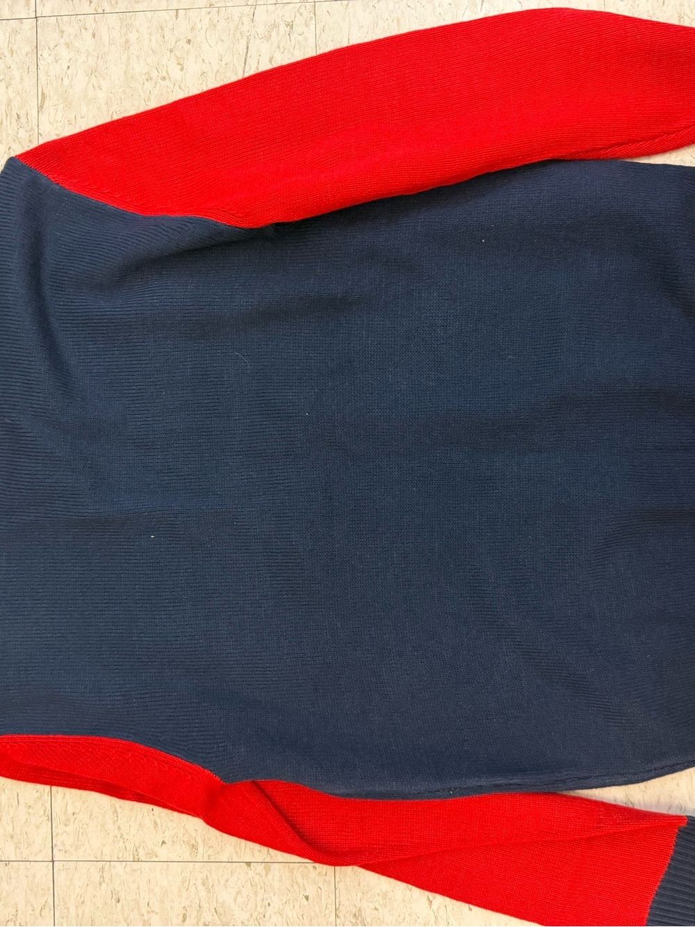 H&M Men's Navy and Red Crewneck Colorblock Sweater Christmas elf